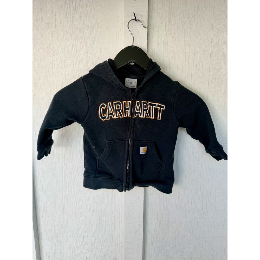 Carhartt Toddler Zip Up Hoodie Size 2T Black Embroidered Spellout Fleece Lined